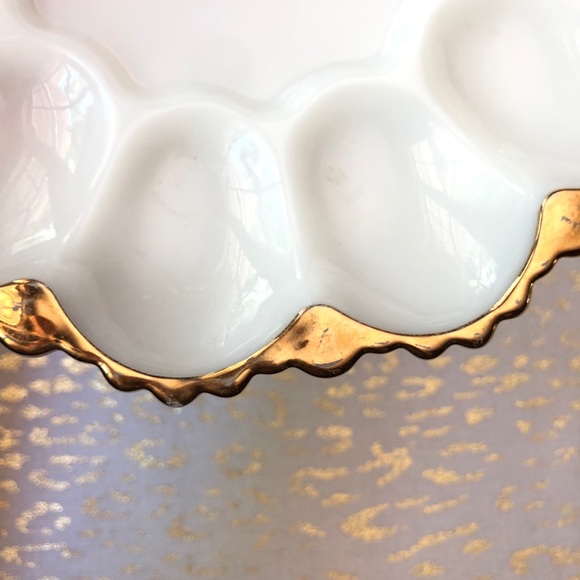 Vintage Milk Glass 12 Deviled Egg Plate Gold Trim Ornate 10" - Picture 7 of 8